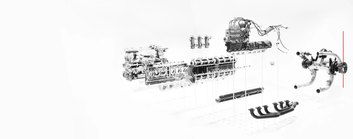 Exploded technical view of an engine and its components